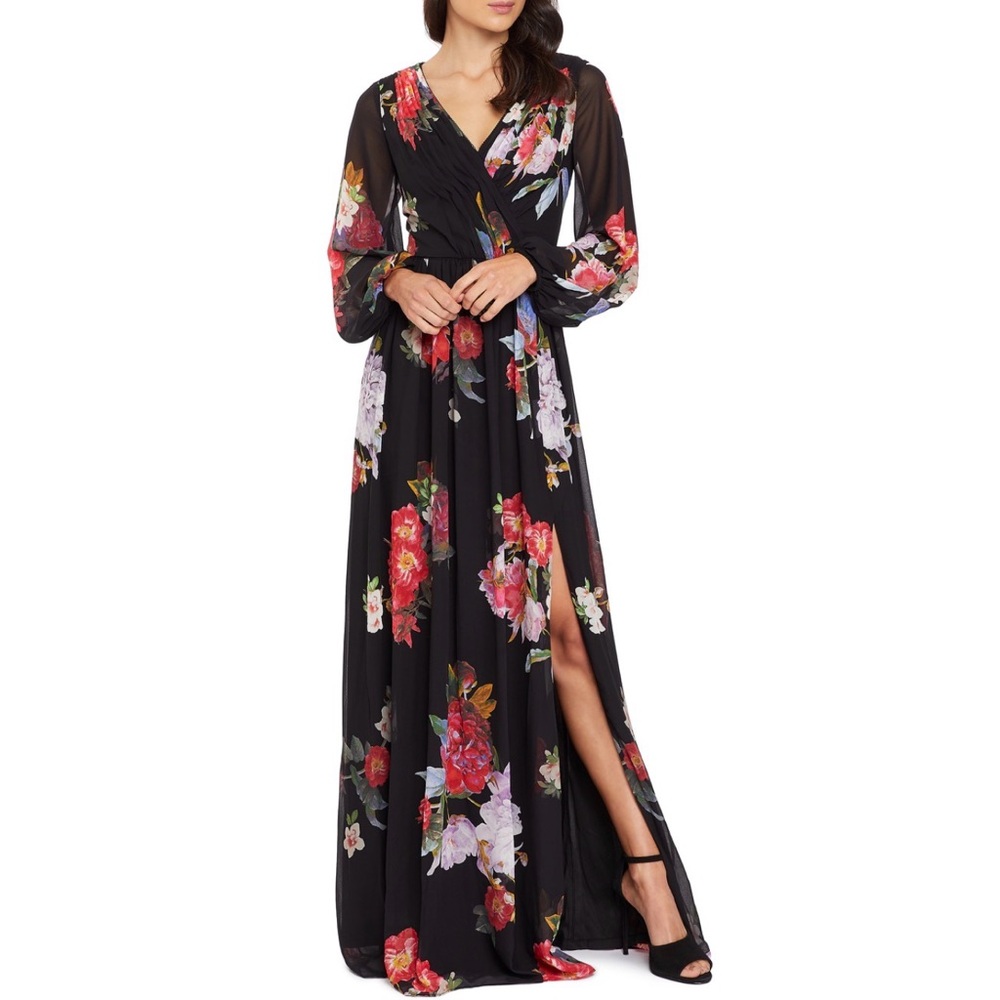 Adrianna Papell Floral Chiffon Maxi Dress Gown Sz 10 Dark Romantic Garden Party - Picture 6 of 15